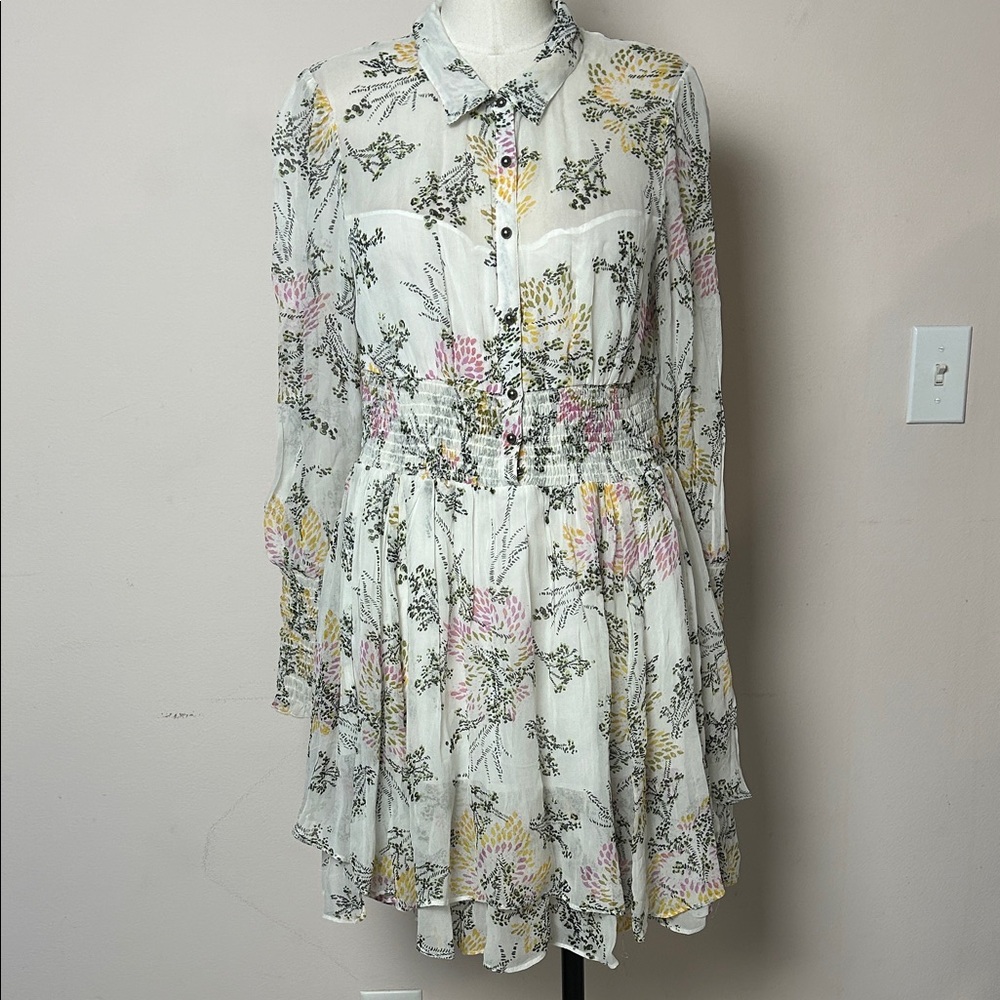 FREE PEOPLE Fake Pretend Floral Puff-Sleeve Dress layered chiffon size M